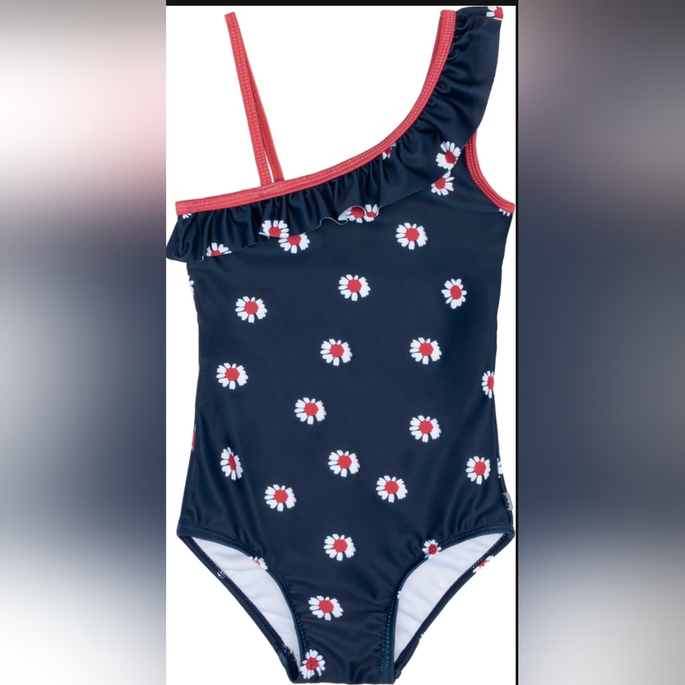 Kids One-Shoulder Ruffle Swimsuit - Navy with Red and White Floral